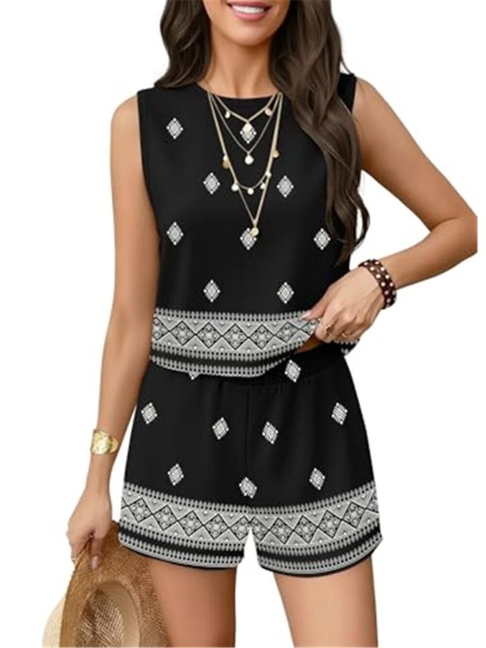 Women's Black Boho 2 Piece Shorts Set Sleeveless Tank & Printed Shorts